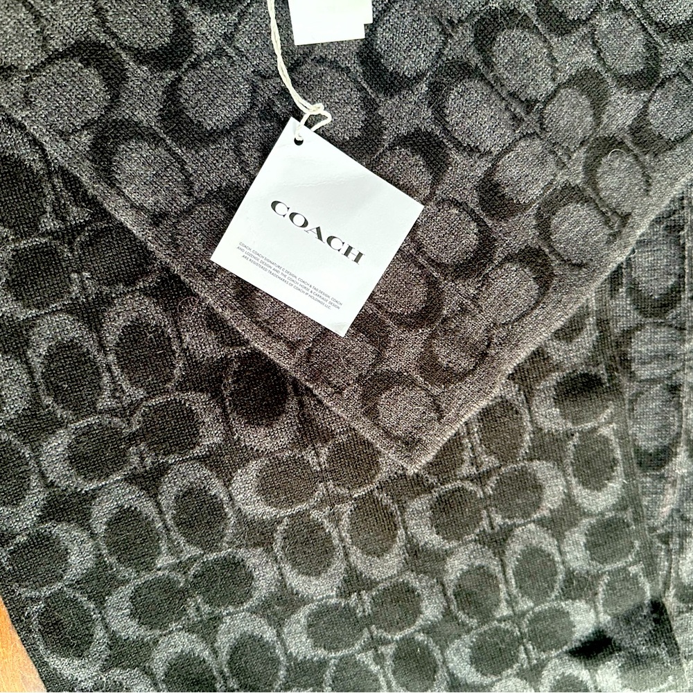 NWT. Coach signature scarf in dark and light charcoal 70”long x 10.5” wide